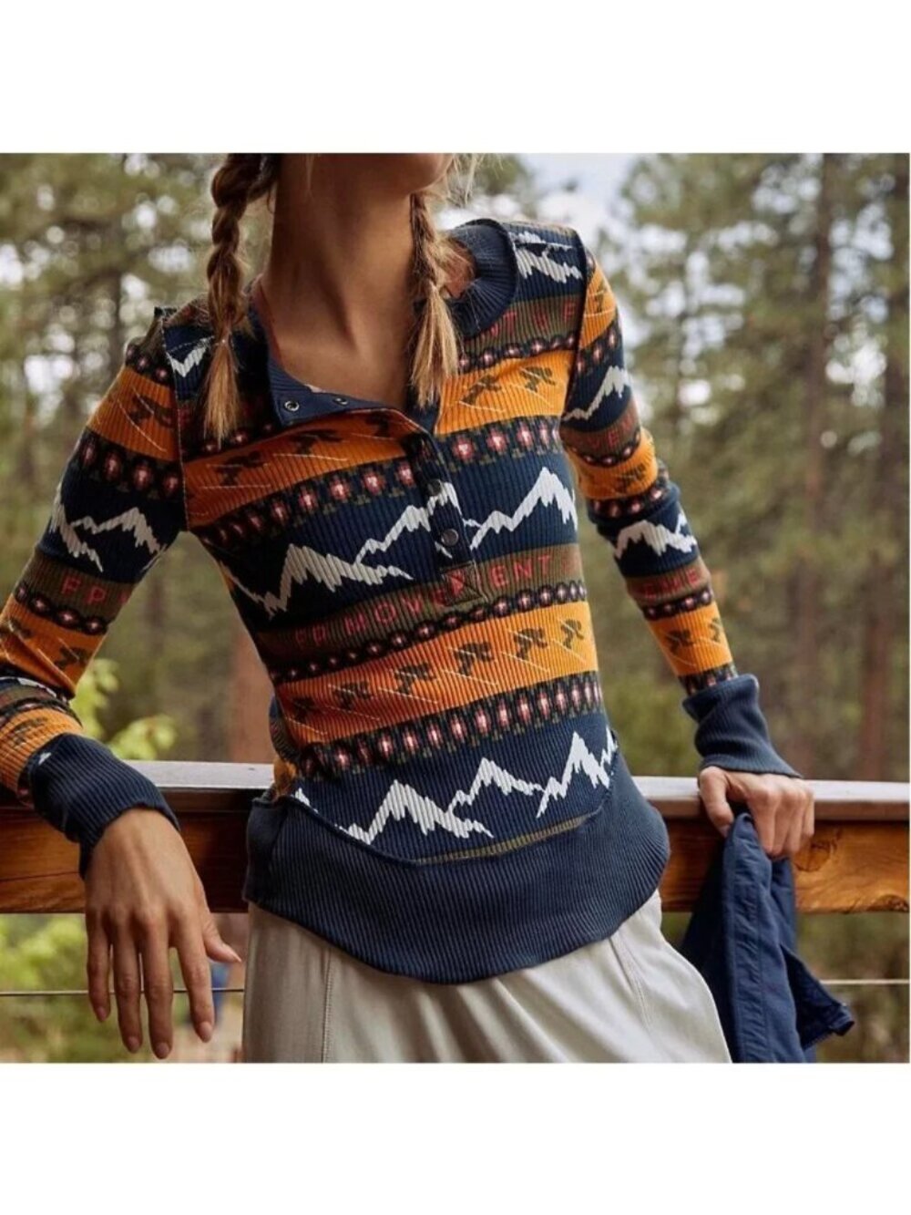Free People Movement Rally Printed Ski Ribbed Henley Long Sleeve Top M NWT